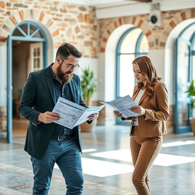 Dvije osobe u svijetlom uredu pregledavaju tiskane financijske izvještaje