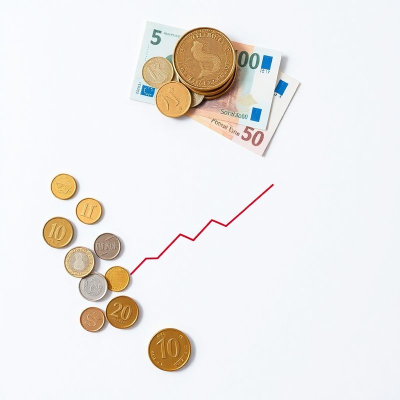 Euro kovanice i novčanice pored silaznog grafa na svijetloj podlozi
